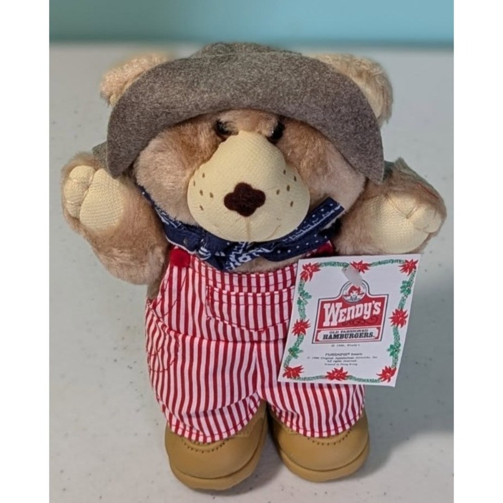 1986 WENDY'S FURSKIN BEARS CHRISTMAS DUDLEY TEDDY BEAR NOS WITH TAGS Vtg